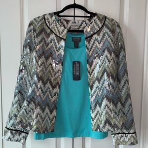 NWT Chico's Exclusive Set Chevron Sequin Blazer Jacket with Turquoise Blue Tank